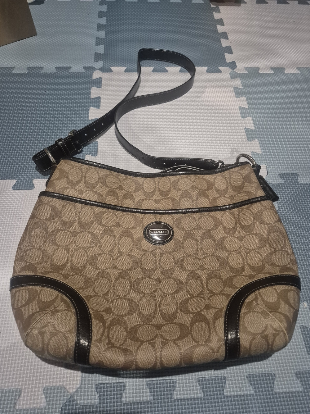 Coach Brown Signature Heritage Peyton Logo Hobo with Black Trim